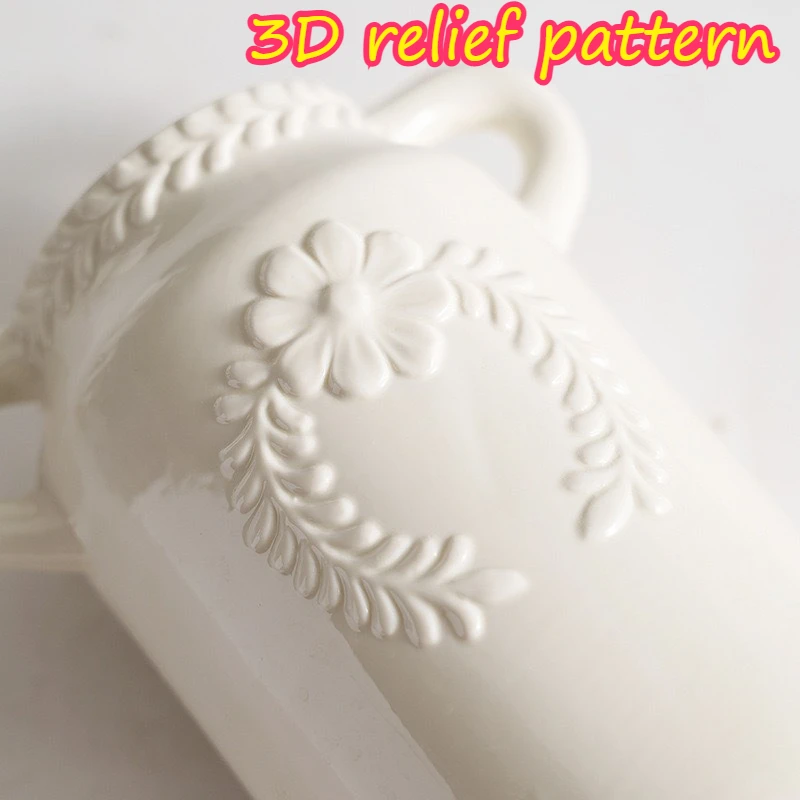 French Ceramic Vases 3D Floral Glossy Cream White Glaze Anti-tipping Art Vases Wide Mouth Easy Floral Arrangement Home Decor