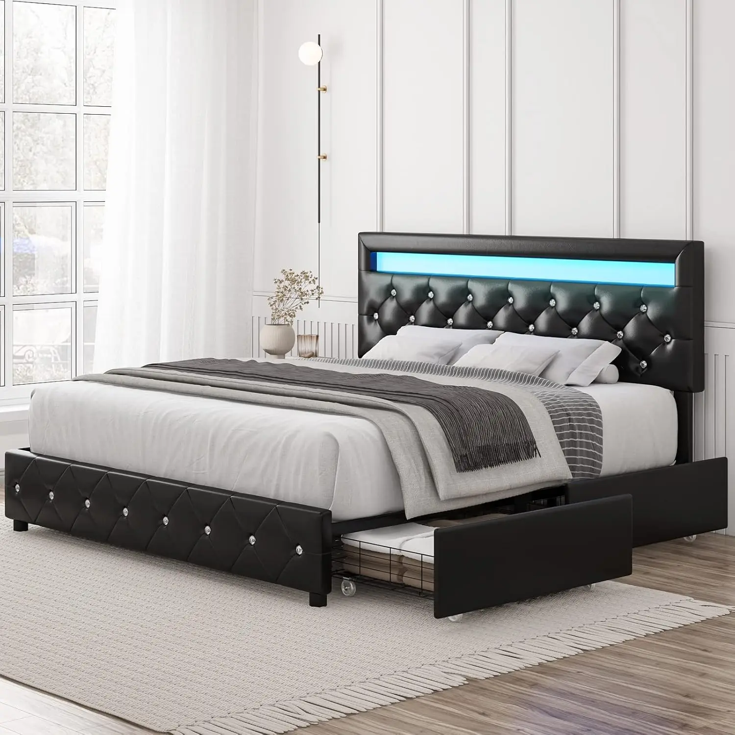 Keyluv Queen Led Bed Frame With 4 Storage Drawers, Upholstered Platform Bed With Height Adjustable Crystal Button Tufted