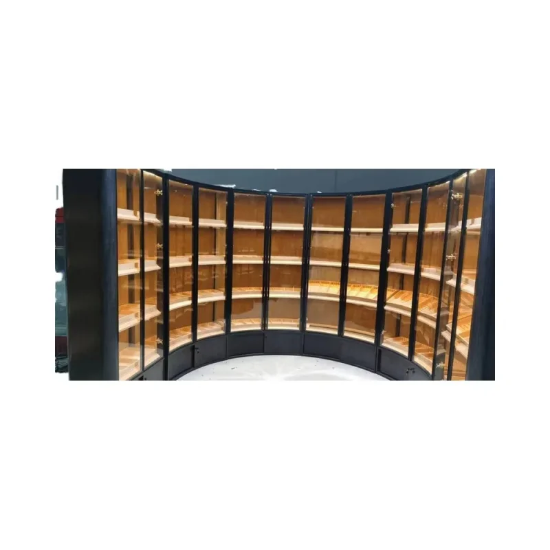 custom.Wooden Varnished and Powder Coated Durable Cigar Display Cabinet with LED Lighting Retail Use