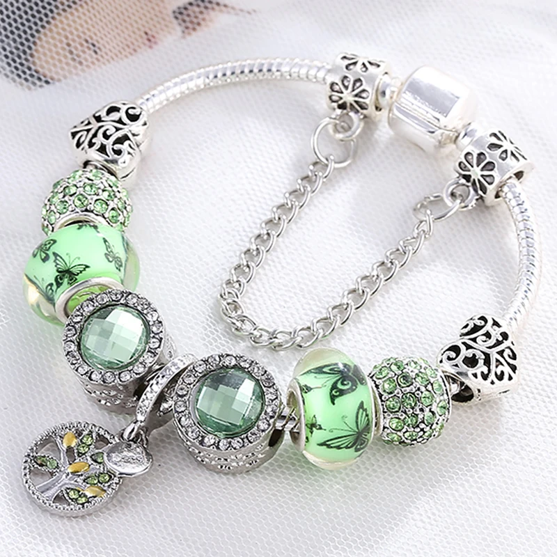 BAOPON New Fashion Life Of Tree Crystal Charm Bracelet Fit Green Color Snake Chain Brand Bracelets & Bangles for Women Jewelry