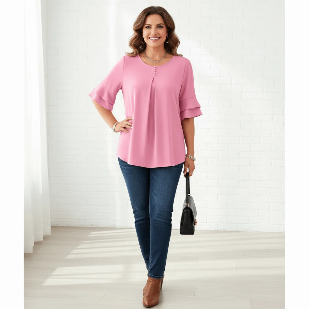 

Fashion Elegant Women's Blouse 3 Size 3/4 Flare Sleeve Women's Pintuck Blouse Comfortable Solid Color Women T-Shirt Vacation