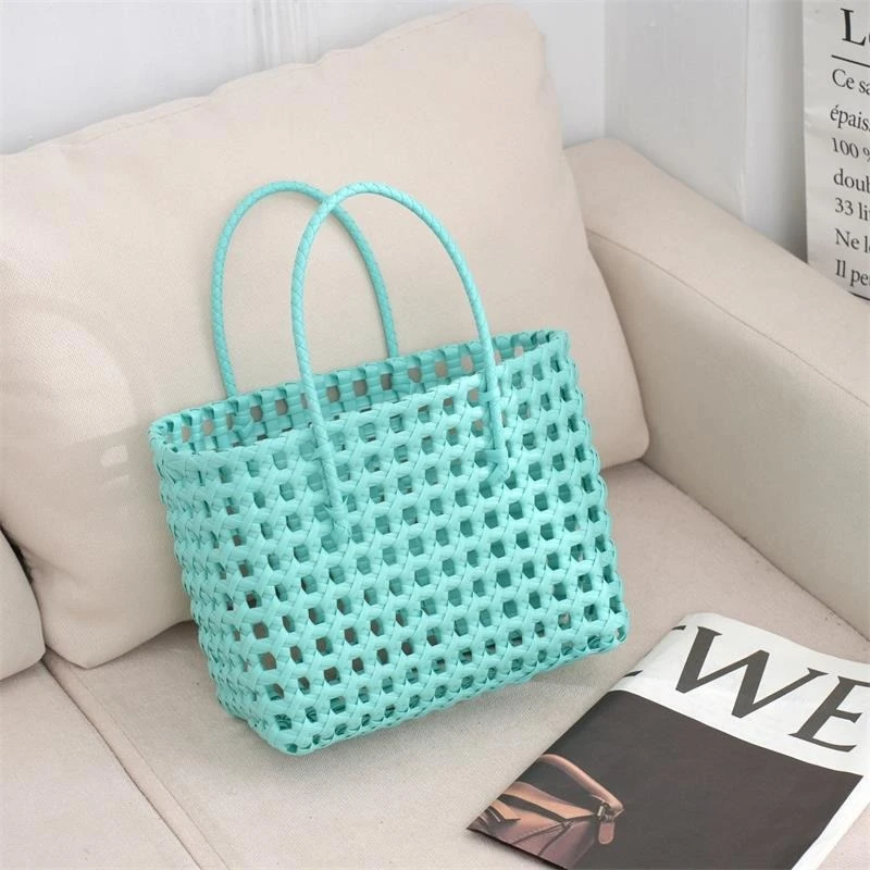 Women\'s Woven Hollow Out Bags Vegetable Basket Summer Fashion PVC Handbag Hand Woven Bag Patchwork Striped Tote Beach Bags