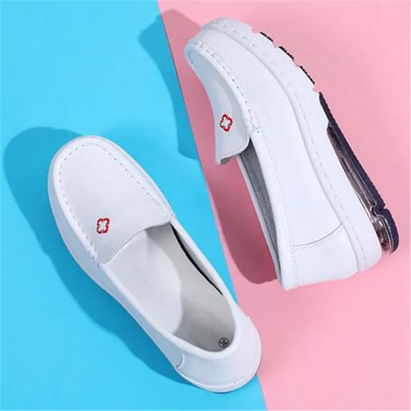 2023 Cowhide Wedge White Women's Shoes Comfortable Light Slip-on Nurse Shoes Fashion Women's Flats Zapatos De Mujer