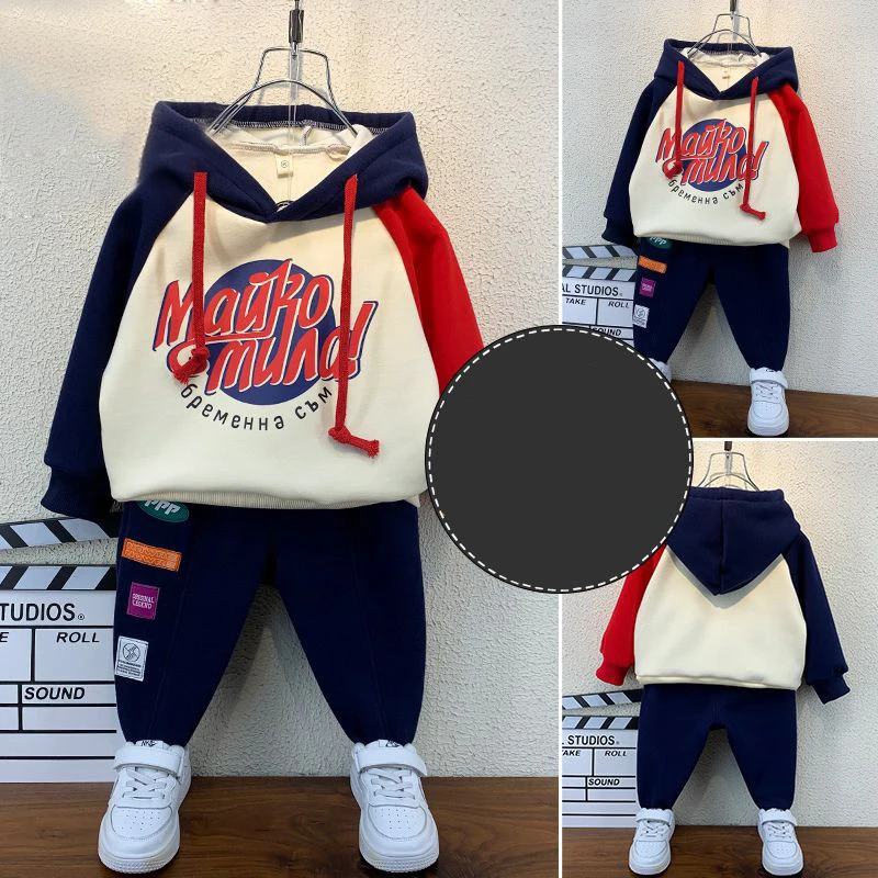 

Children Fleece Sweatsuit Set 2Pcs Winter Baby Boys Alphabet Sweatshirt+Sweatpant 2Pcs New Hooded Thicken Warm Children Suit