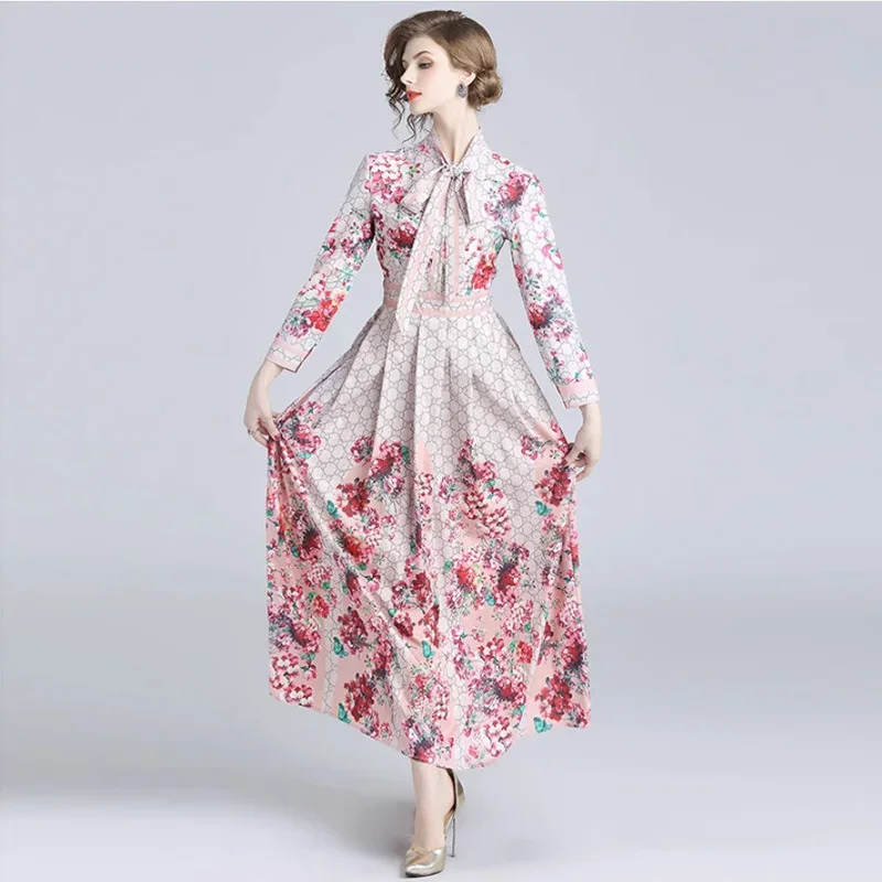 Spring Summer Women\'s Fashion Waistband Slim Long Sleeve Printed Ribbon Neck Temperament Long Dress High Quality Dress