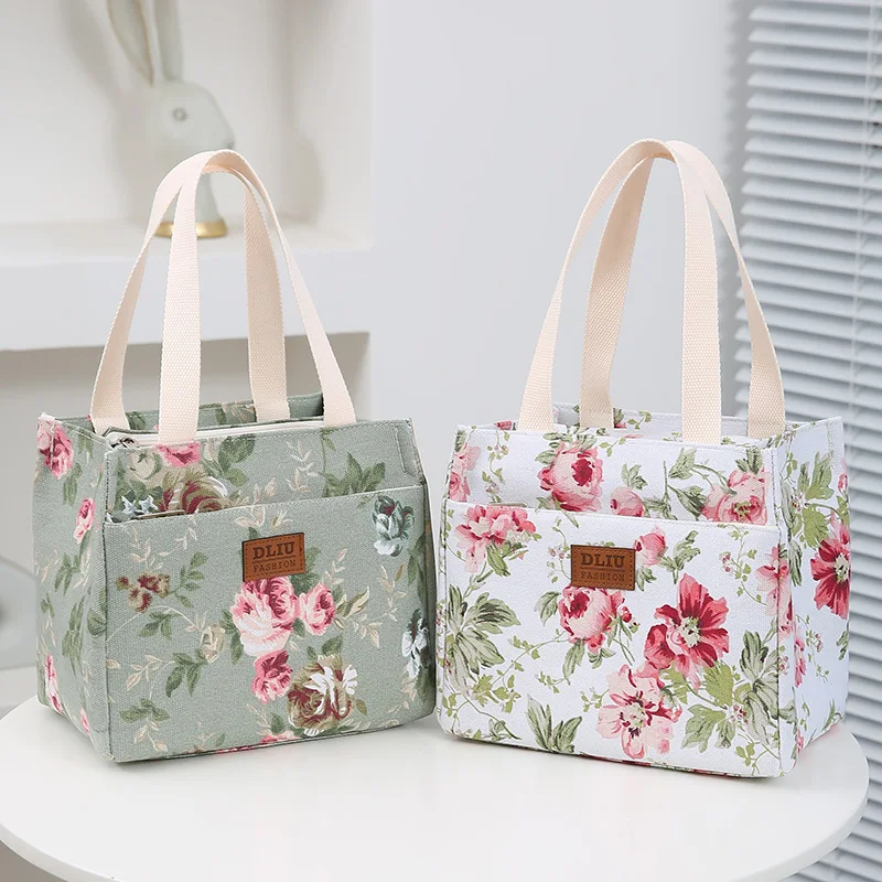 Aesthetic Floral Print Lunch Bag, Insulated Large Capacity Bento Bag, Thermal Cooler Handbag For School, Work, Travel & Picnic