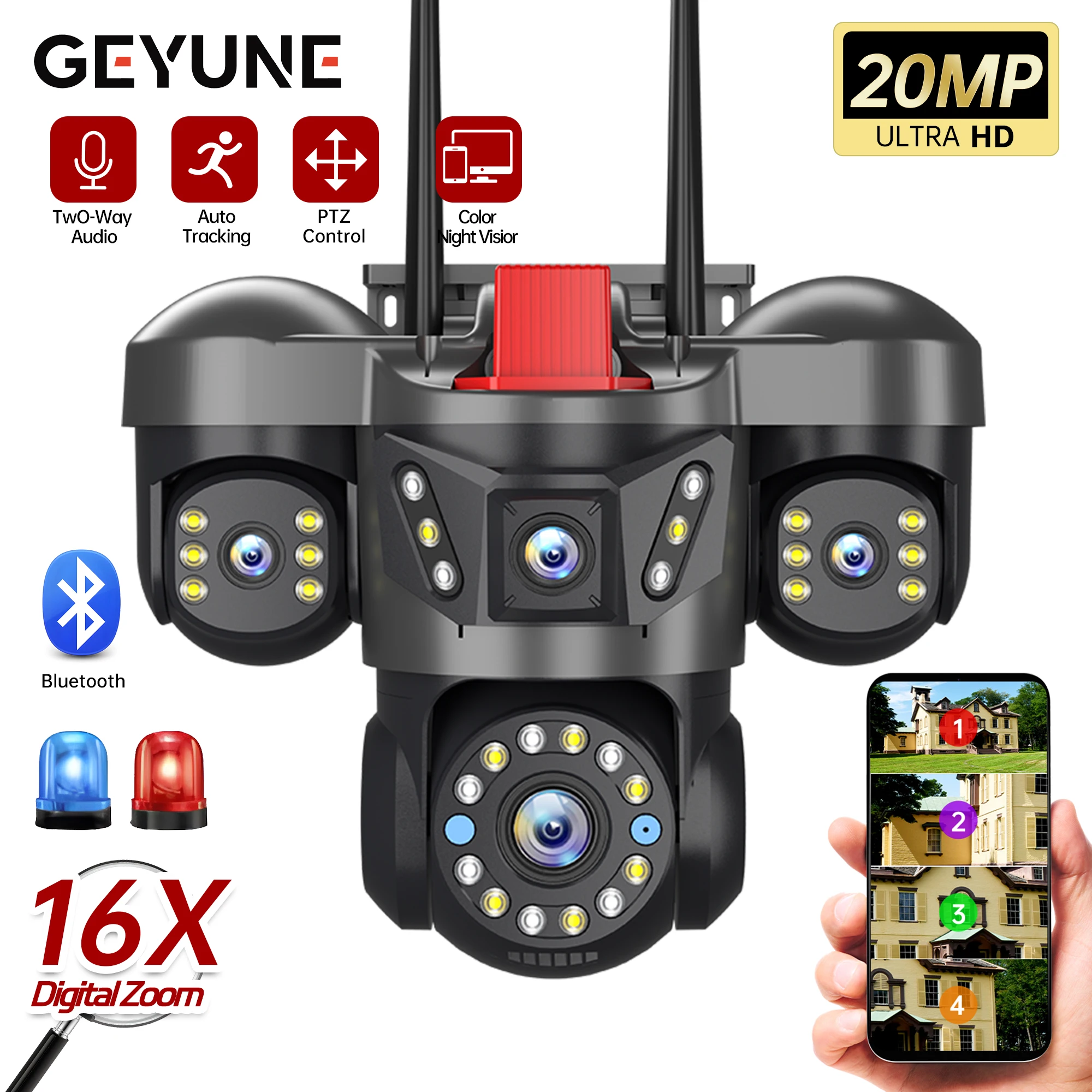 10K 20MP UHD Outdoor WiFi IP Camera 16X Zoom 4 Lens 4 Screens Ai Auto Tracking Security Protection PTZ CCTV Video Surveillance