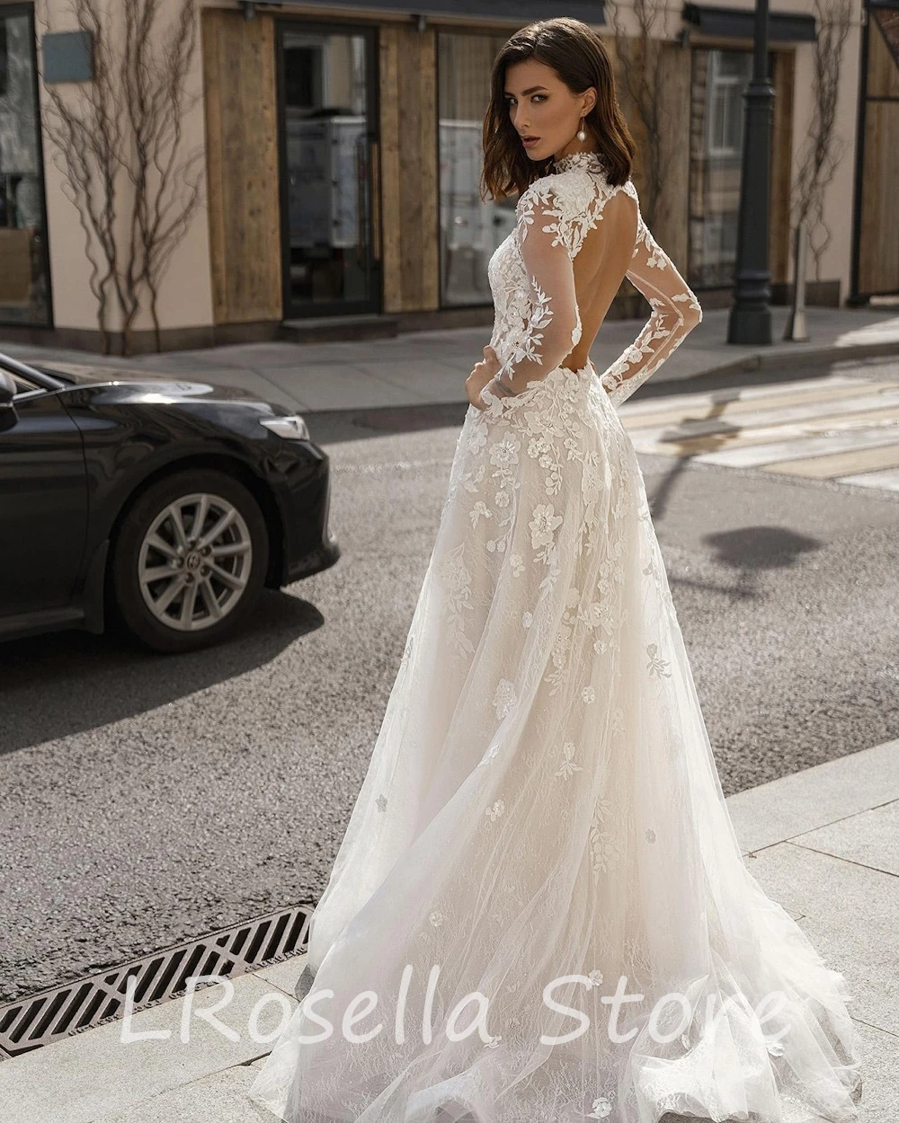 LRosella Wedding Dress Lace Backless A-Line Long Sleeve Pleated Floor-Length Elegant Exquisite Morden style Luxury  فساتي2024