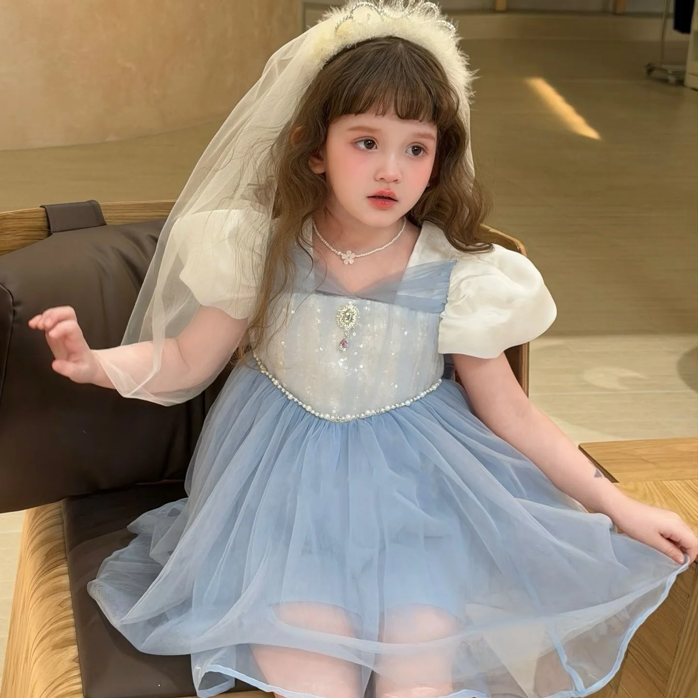 

Princess One Piece Dress for Little Girls Ice Blue Skirt Kids Birthday Party Daily Wear Design Baby Girls Size 2-9 Years