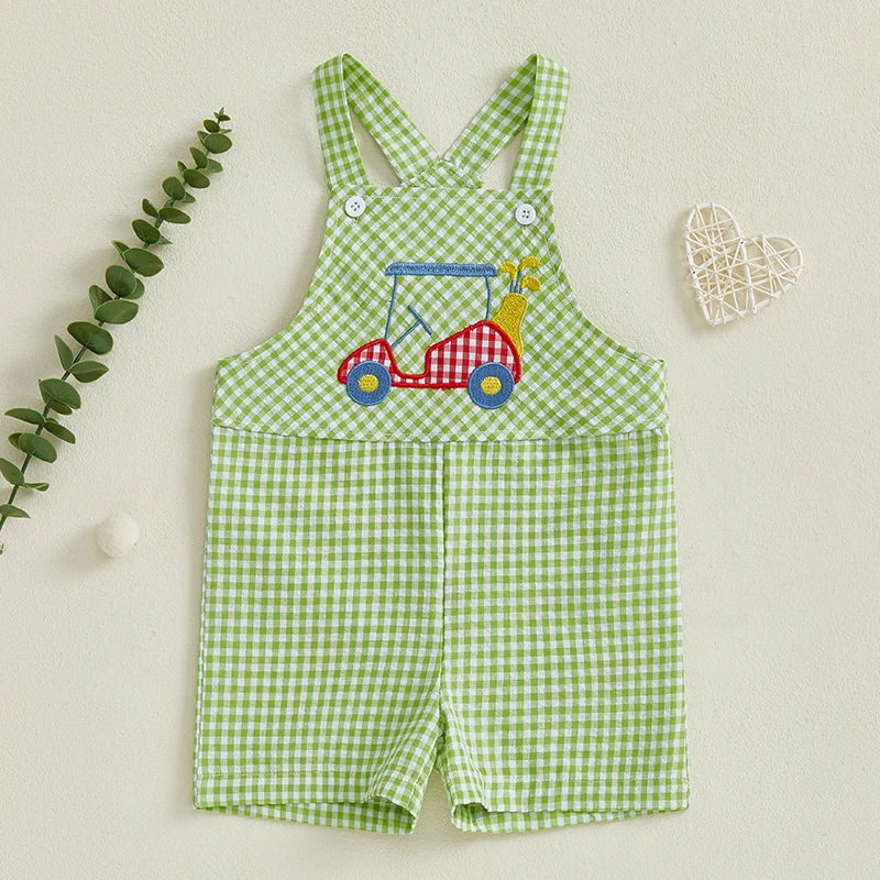 

Toddler Baby Boys Summer Overalls Sleeveless Square Neck Golf Cart Embroidery Suspender Romper Newborn Jumpsuit Clothes
