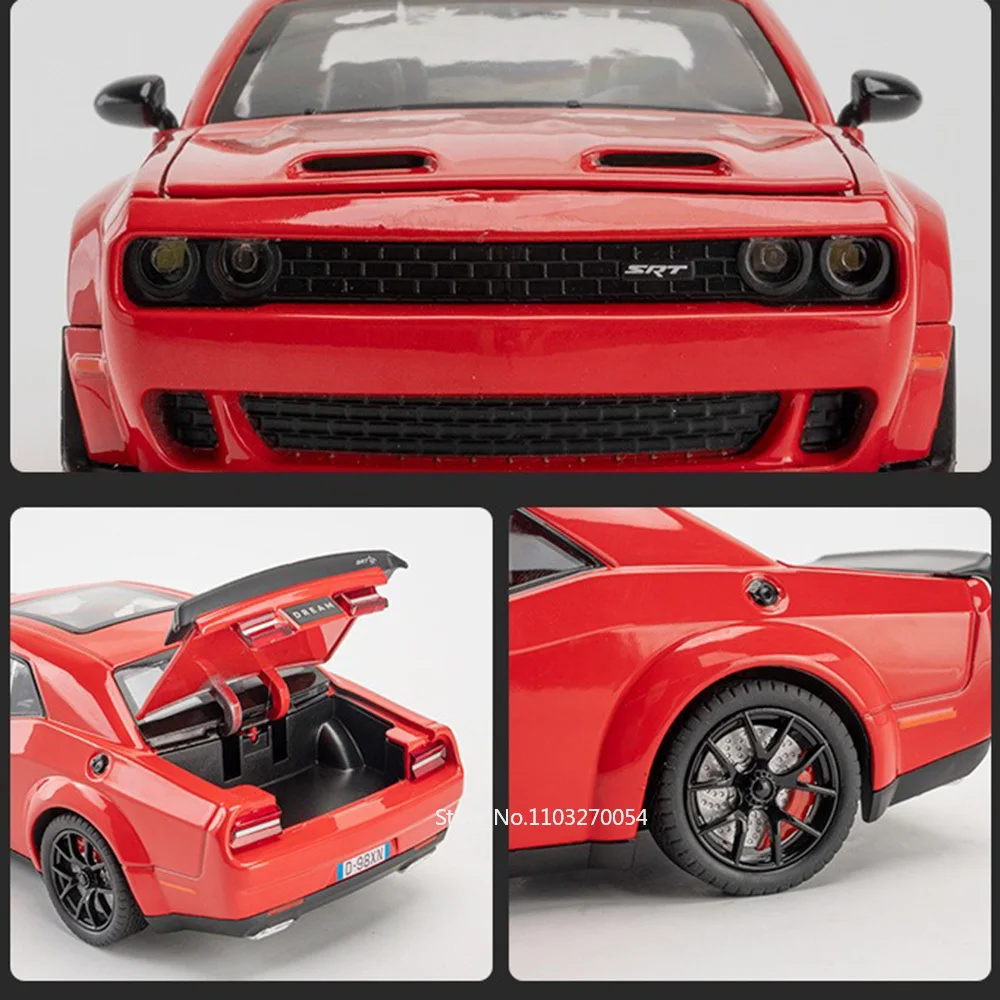 1/24 Challenger Str Hellcat Cars Model Toy Alloy Diecast Sports Car 4 Door Opened Sund Light Pull Back Toy Birthday Gift for Kid