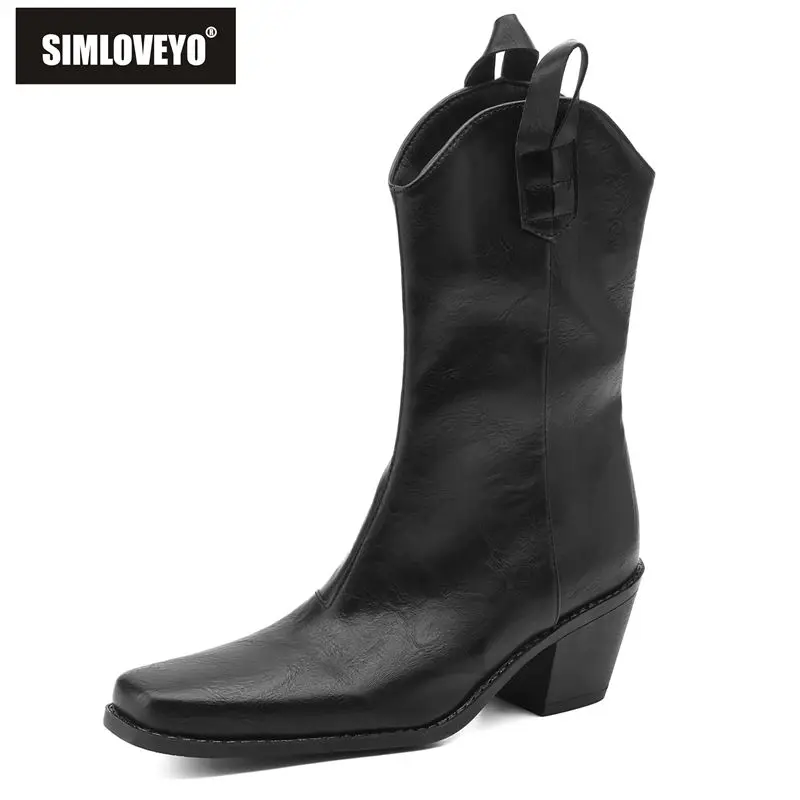

SIMLOVEYO Брендовые женские сапоги до середины икры с носком на блочном каблуке 6 см без застежки 41 42 43 винтажные женские повседневные ботинки