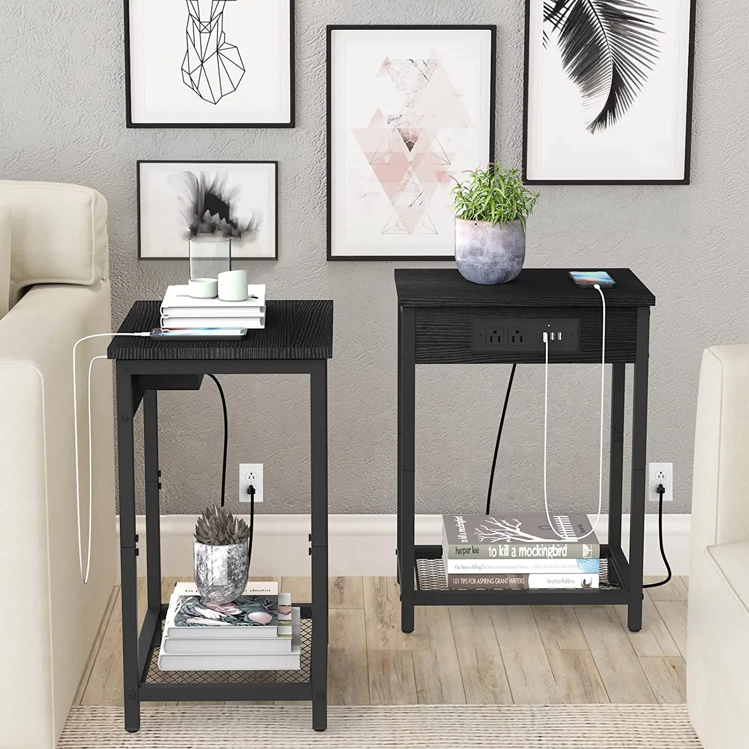 Vintage Nightstand w/Charging Station USB Ports End Table Side Table with Storage Shelf