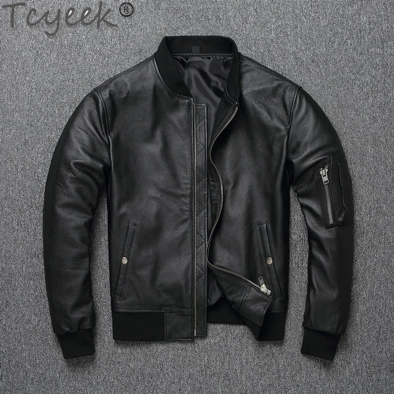 Tcyeek Men's Baseball Coat Spring Fall Short Casual Coats Slim Calfskin Genuine Leather Jacket Men Clothes Chaquetas Hombre Tide