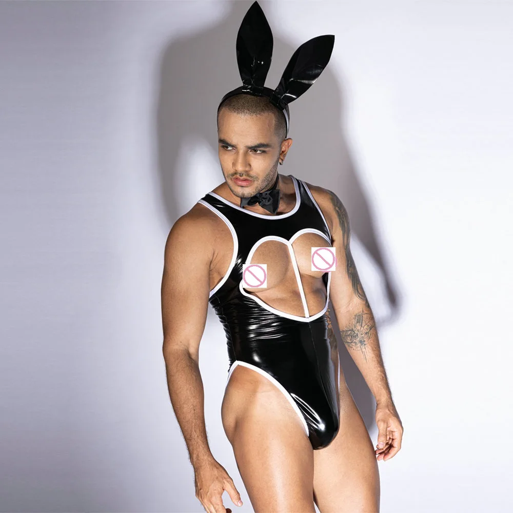 Men Sexy Hollow Out Roleplay Bunny Boy Lingerie Uniform Hormone Male Night Club Cosplay Waiter Costumes Gay Nauty PU Bodysuit