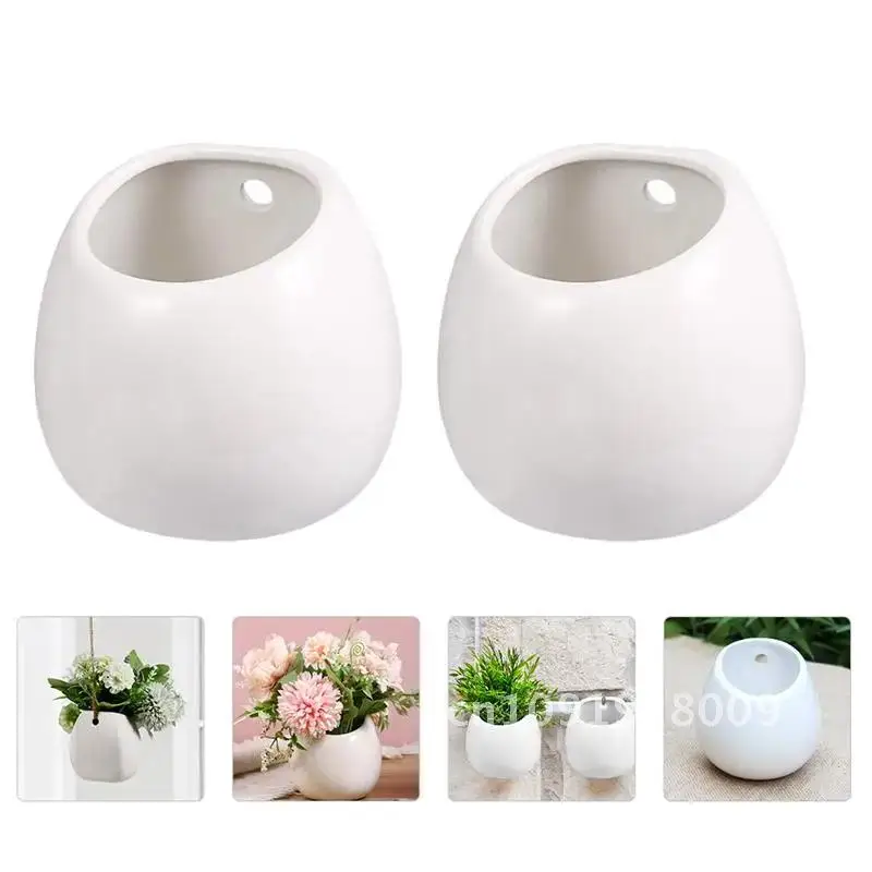 

White Decorative 2pcs Ceramic Flower Pots Wall Hanging Decoration Creative Home Succulents Flowerpots Furniture Wall Background