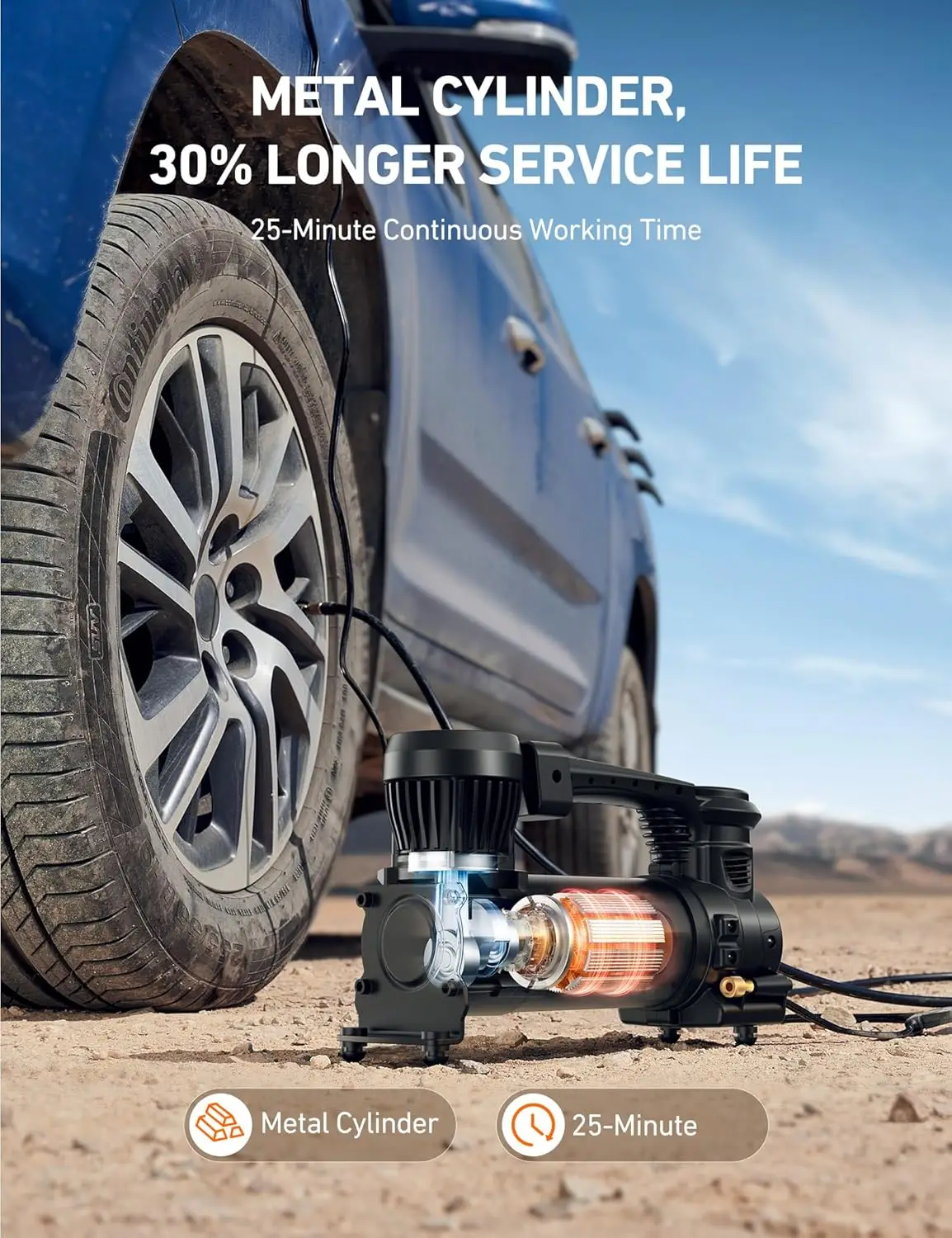 T3 Heavy-Duty Air Compressor 12V Portable Offroad Air Compressor with 1.97CFM, 120PSI Tire Pump with Alligator Clips, LED Light