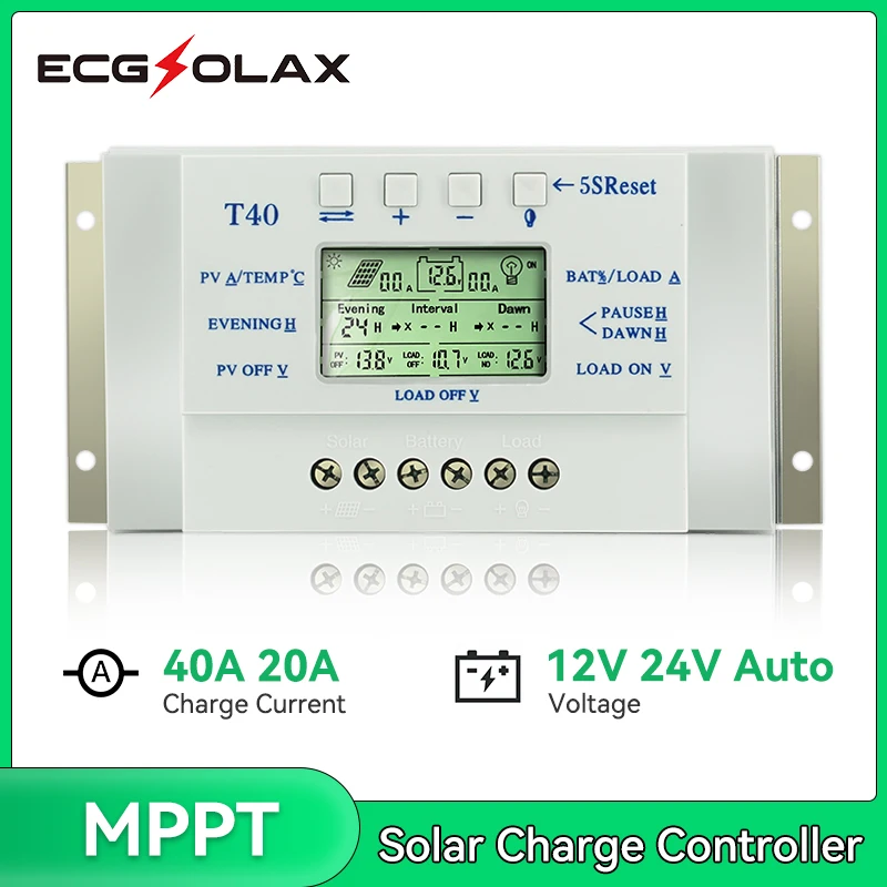 ECGSOLAX MPPT 20A 40A Solar Charge Controller 12V 24V Auto LCD Display PV Regulator Dual Timer Control for Solar Lighting System