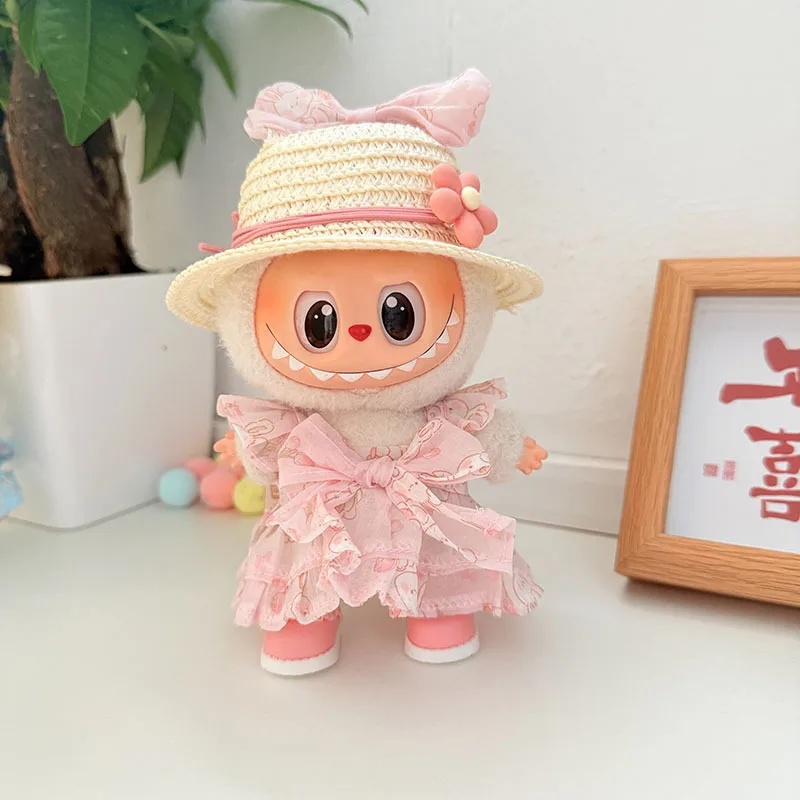 Clothes For Labubu 1st 2nd 3rd Gen 15/17cm Sweet Floral Lace Dress With Bowknot And Straw Hat Couple Outfits For Dressing Up