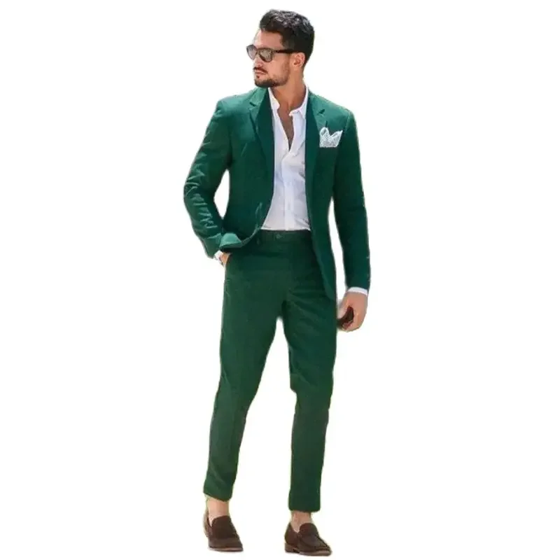 2 Piece Green Men Suits Single Breasted Notch Lapel Summer Blazer Chic Slim Fit Full Set Elegant Prom Party Jacket Pants Terno