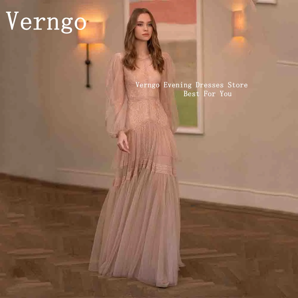 Verngo Pink Lace Elegant Prom Gowns V Neck A Line Wedding Party Dress For Women Full Sleeeves Maxi Formal Evening Dress 2024