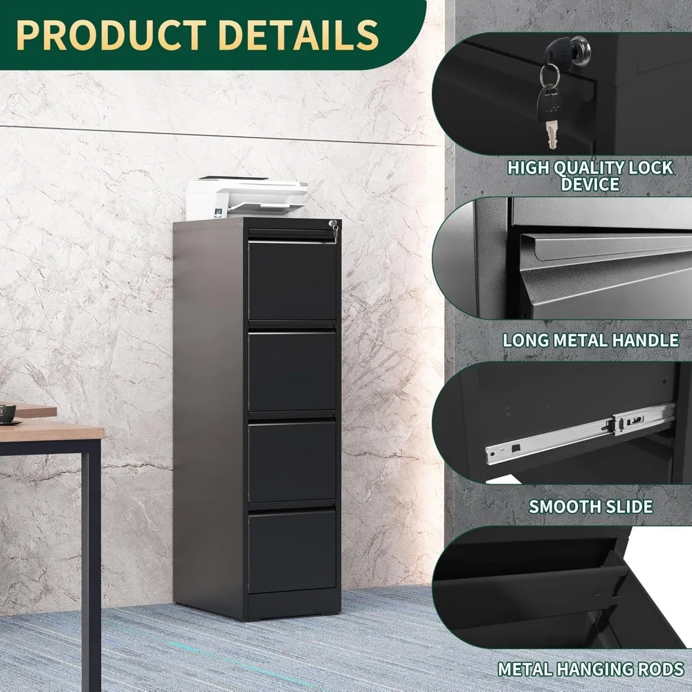 Archivador vertical de acero resistente con cerradura, archivador de 4 cajones para oficina en casa, adecuado para cartas y documentos jurídicos
