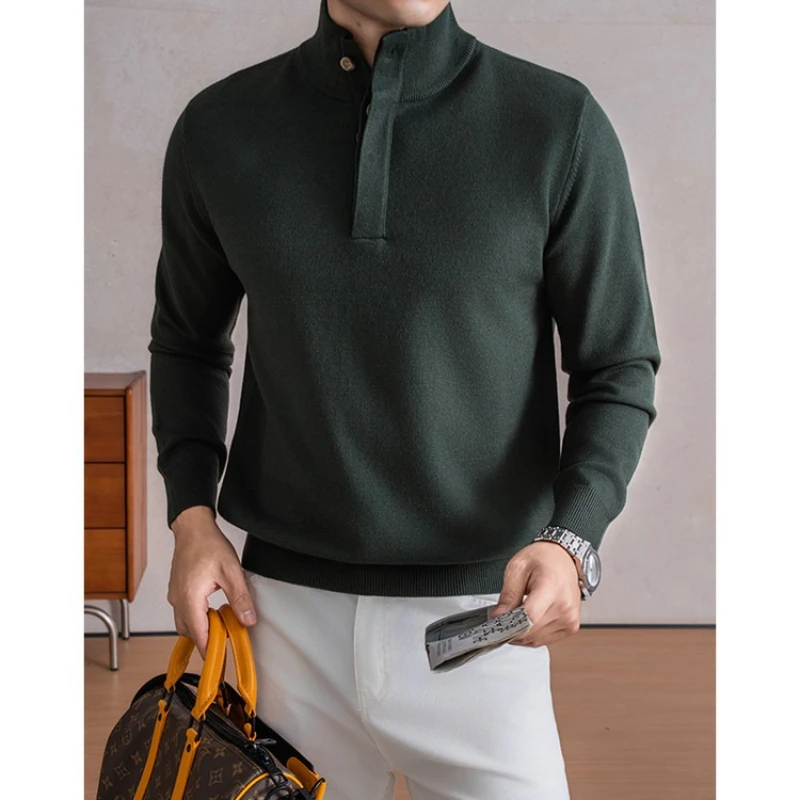 

Old Money Style Men's Semi-High Neck Henley Sweater 4.6% Wool Blend Anti-Pilling Knit​​ Korean Casual Daily Wear