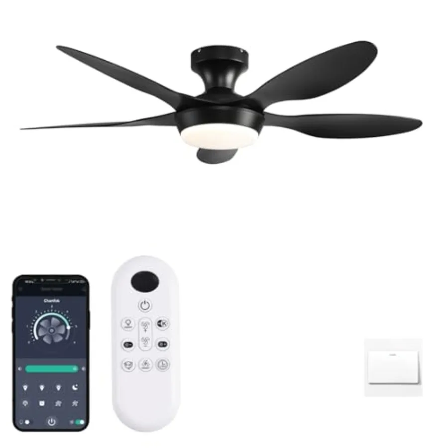 Ceiling Fan with Lights, 46 Inch Low Profile Ceiling Fan with Light and Remote Control, Flush Mount, 6 Speeds Reversible, Dimma