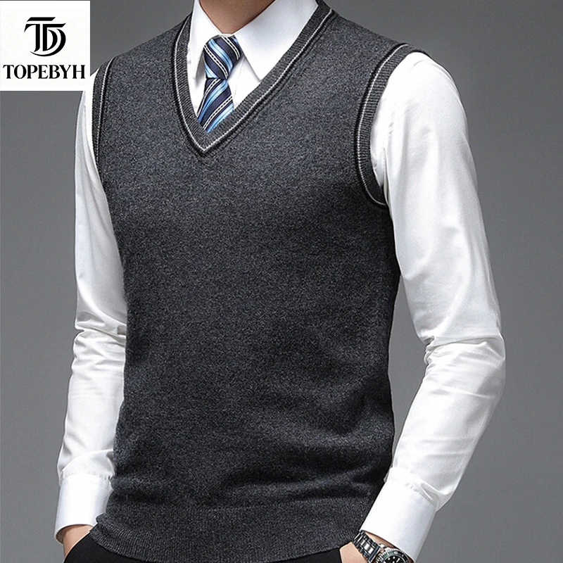 

(Горячая распродажа) 100% чистый шерстяной жилет без рукавов, деловой повседневный универсальный вязаный пуловер