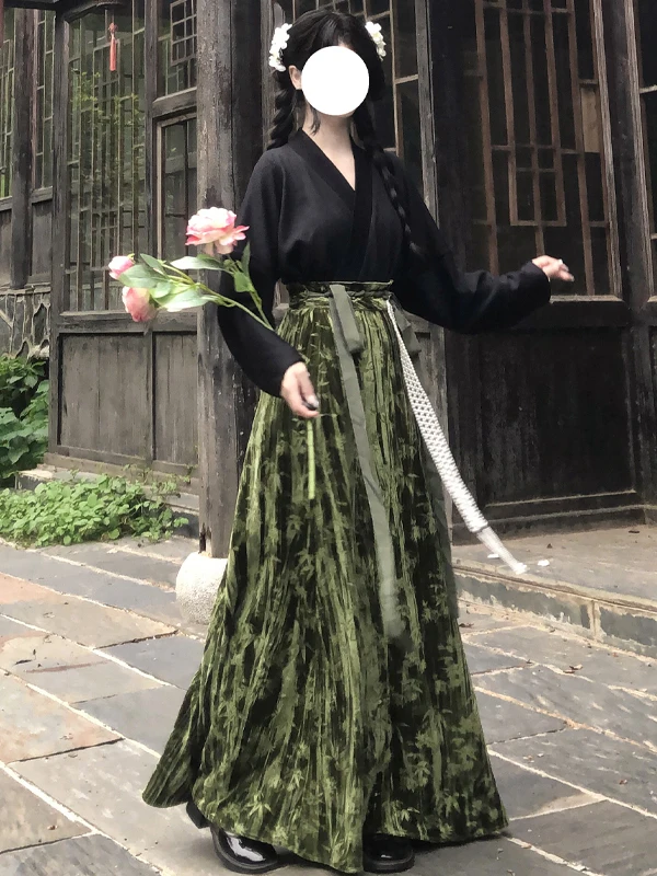 

Mengsangta Mu Zhu Hanfu plus Size Velvet Skirt Tang Sle Autumn Winter New Flower Embroidery Bamboo een Women's Clothing