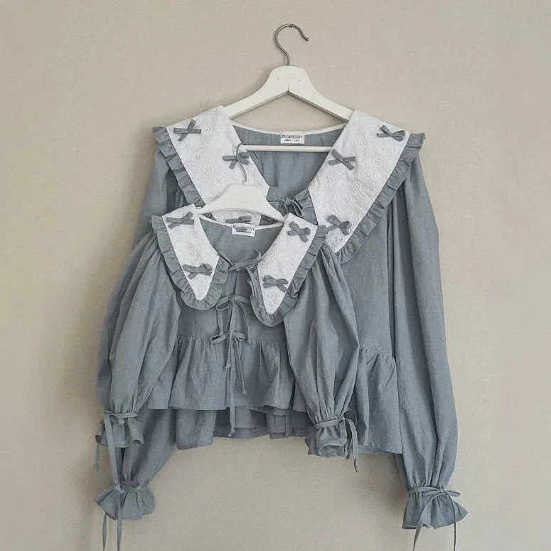 2026 European Spring and Autumn Girls' Bow Patchwork Cardigan Long Sleeve Doll Shirt Children's Shirt