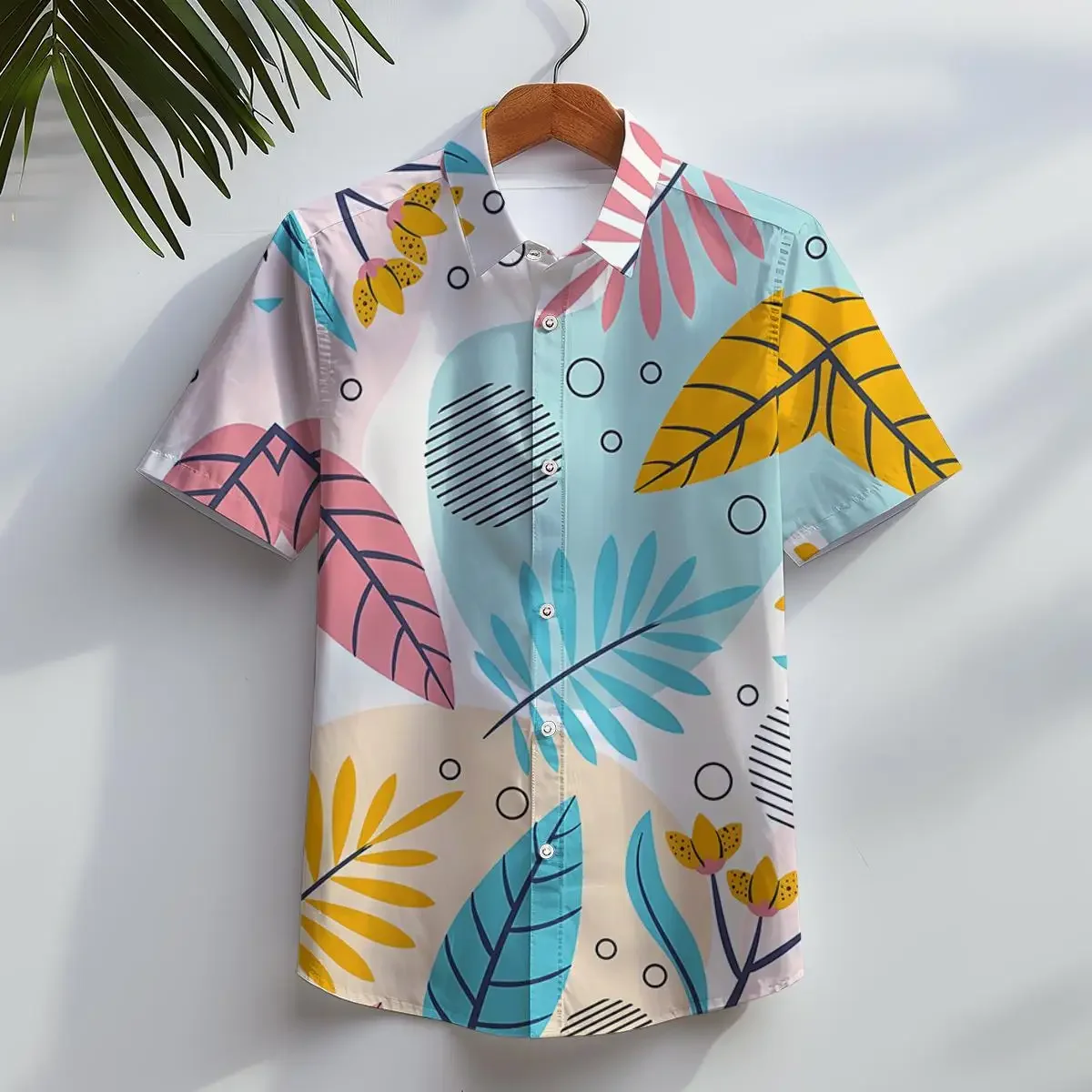 Camisa havaiana casual masculina, camisa de manga curta, folha tropical, impressão 3D floral, roupa de praia, férias de verão