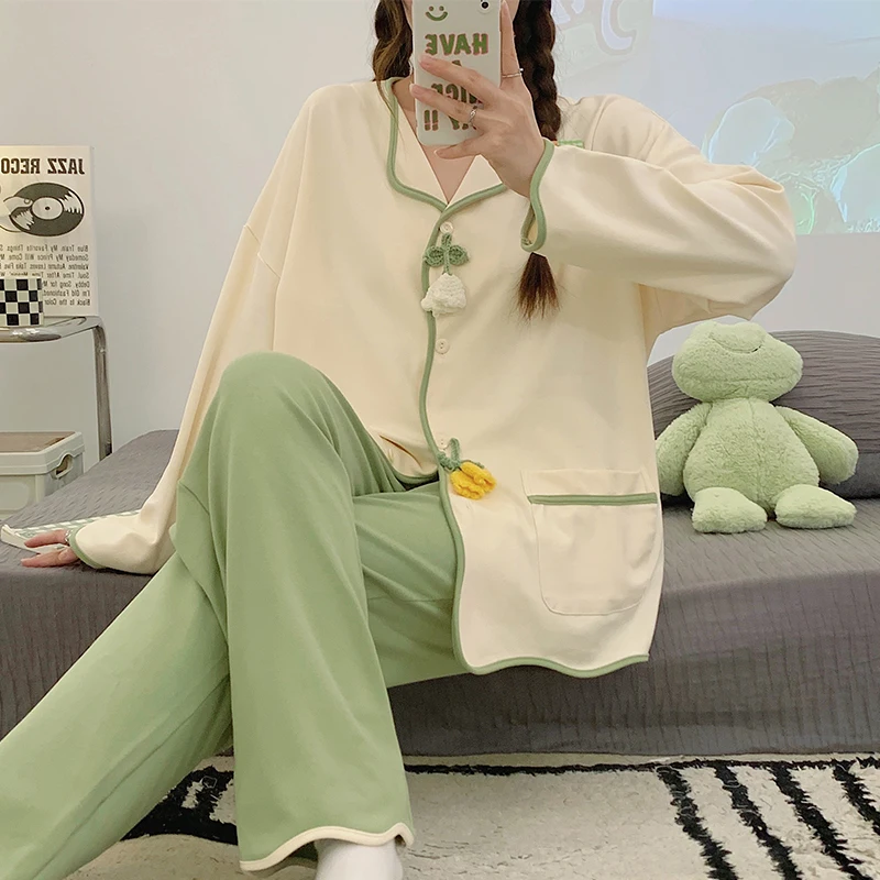 Cute Kawaii Women Pajamas Set Long Sleeves Long Pants Autumn Winter Button Cardigan Sleepwear Soft Pyjamas Cozy Pijamas Girl Pjs