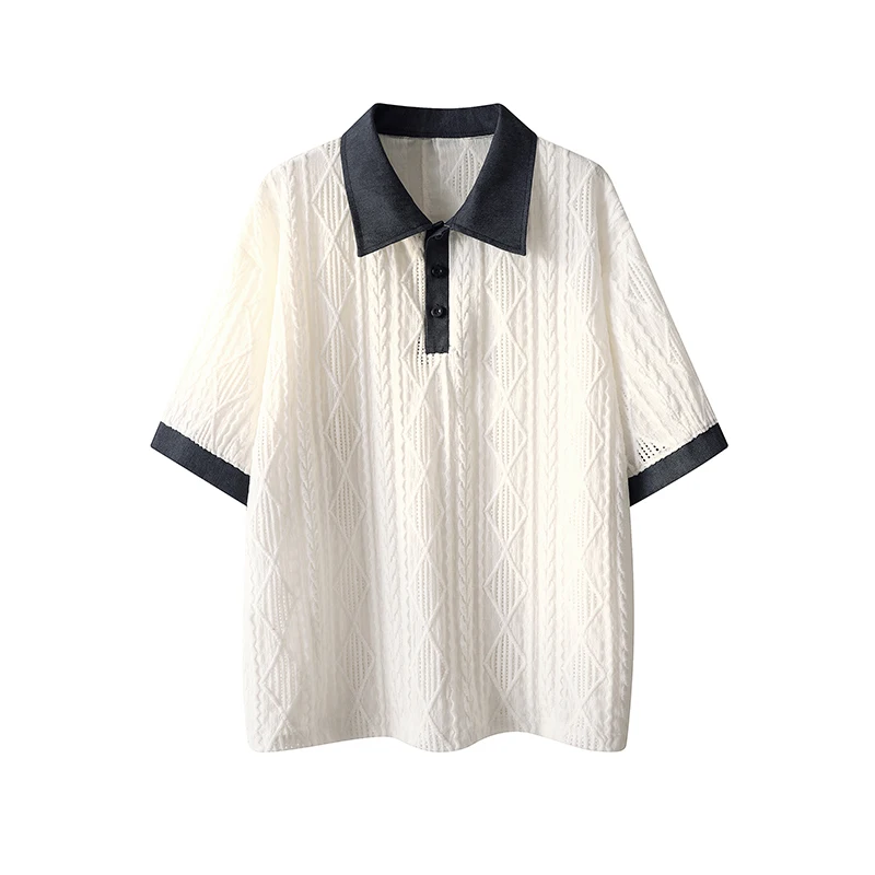 Summer New Style Men's Short-Sleeved Classic Contrasting Collar Trendy Shirt with Open-Weave Texture