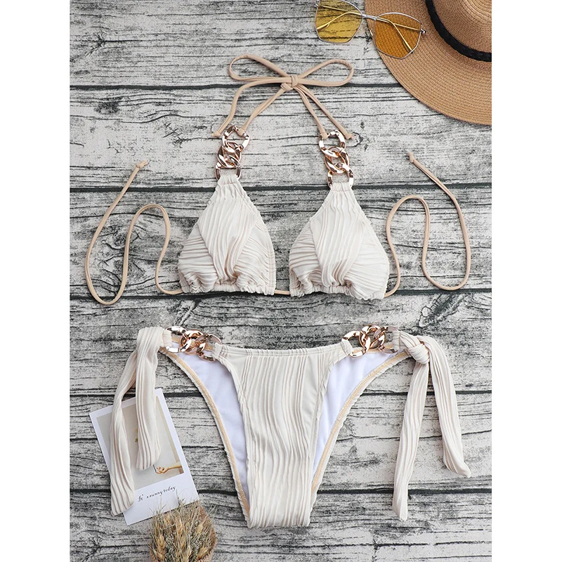 Sexy String Halter Bikinis Solid Swimsuit 2023 New Chain Linked Swimwear Women Chain Strappy Bathing Suit Two Piece Sets Beach