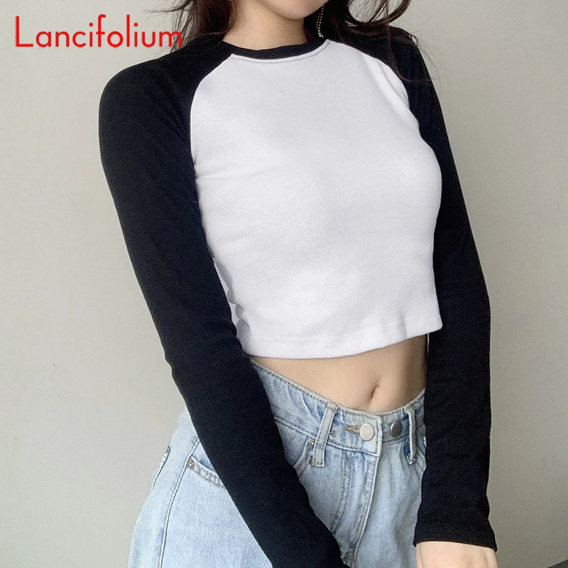 Summer Fall Sexy Contrast Tshirts Long Raglan Sleeve Corset Crop Top Rib Knitted Baby Tee Y2k Basic Street Indie Vintage T Shirt