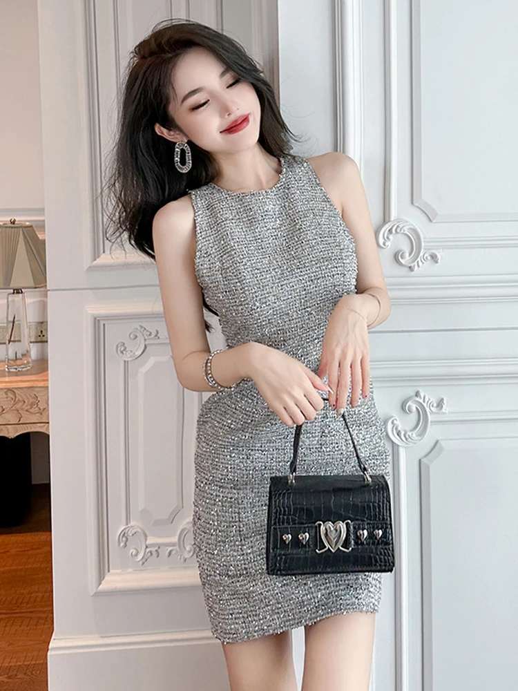 Elegancka sukienka tweedowa dla kobiet, profesjonalna szara kamizelka, krótka sukienka na randkę, styl celebrytki, do pracy, vestidos, odzież na imprezę.