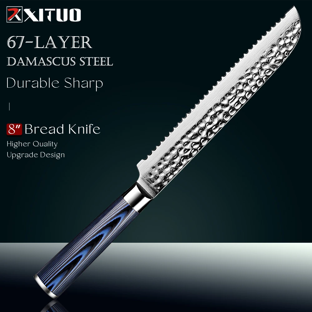 Damascus Steel Bread Knife 8 Inch Non-Stick Kitchen Knife Sharp Serrated Bread Cutting Knife Ergonomic Handle Easy To Use Durabl