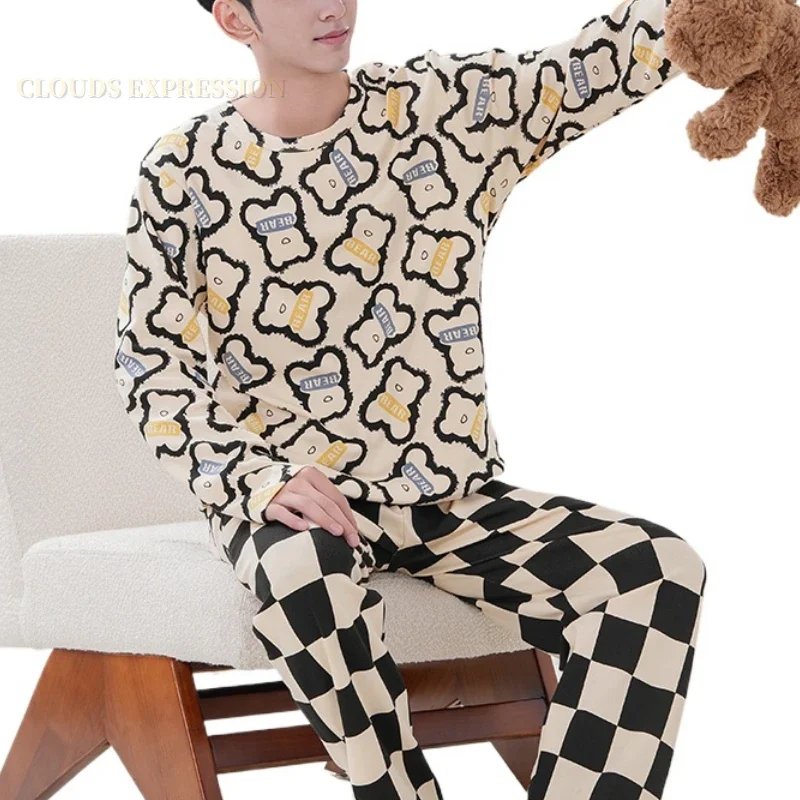 Spring 4XL Knitted Pjs Long Sleeved Men's Pajamas Sets Cartoon Male Pajama  Nightwear Masculine Sleepwear Suits Homewear Fashion