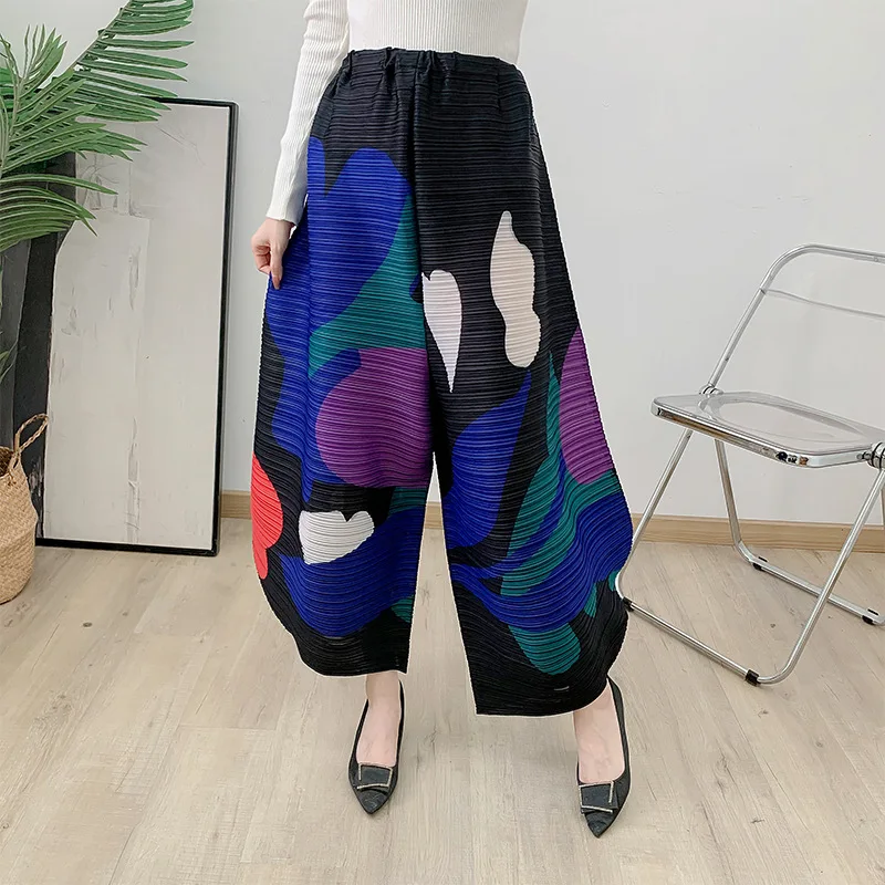 Printed Pleated Harem Pants 2024 Autumn Collection New Casual Women's Pants Look Slim and Stylish Wide Leg Pants