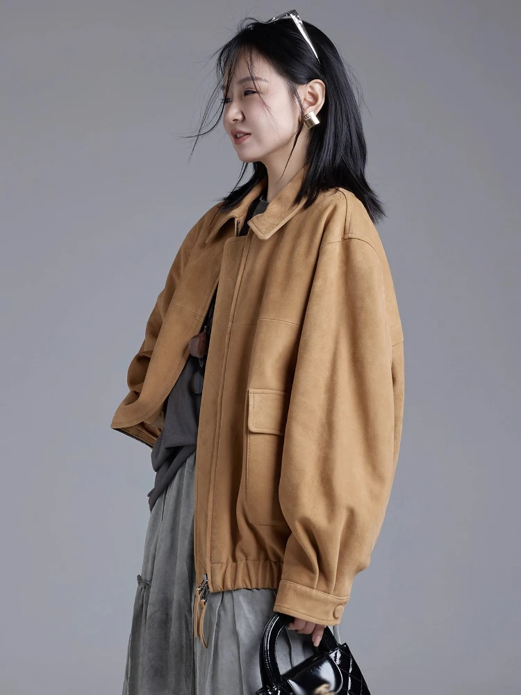 Vestes Vintage en daim et cuir véritable pour femmes, nouveau manteau haut de gamme, Simple, solide, ample, décontracté, en peau de mouton véritable, automne hiver 2025