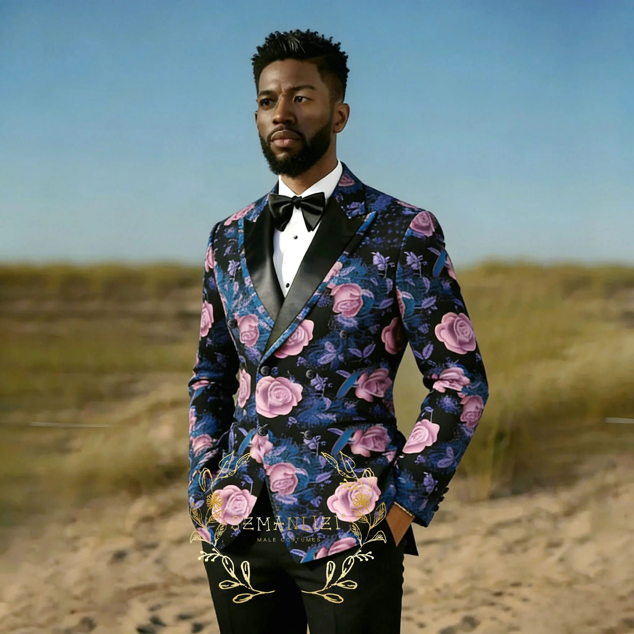 

Vintage Purple Floral Men Suits Peaked Lapel Double Breasted Male Tuxedos Groom Wedding Party Dress 2 Pcs Blazer Pants Sets