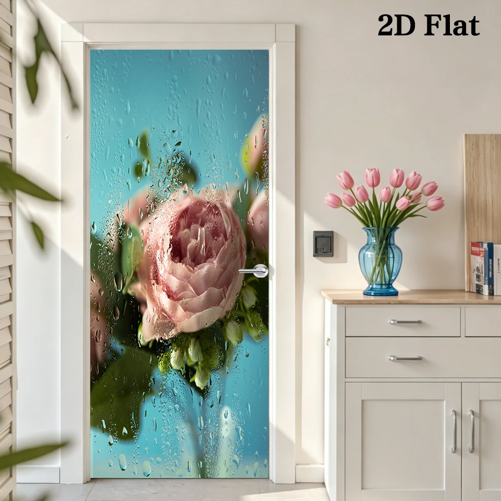 Water Drop Glass Floral Doors Stickers Full Door Covered Wallpaper Self-adhesive Sticker for Wall Decals Home Decoration