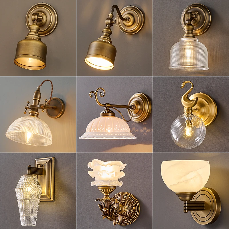 

Vintage all-copper wall lamp bedroom bedside study rotating 2025 new medieval cafe American background wall lighting