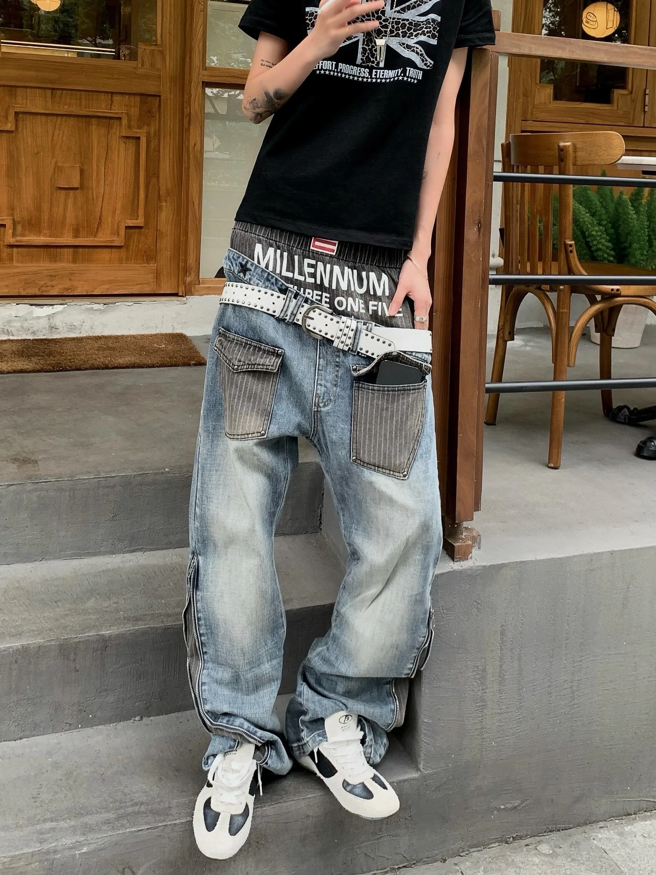 Retro American Patchwork Striped Print Flared Jeans Unisex Street Style Slim Long Pants mid Waist Zipper Decoration Pocket De...