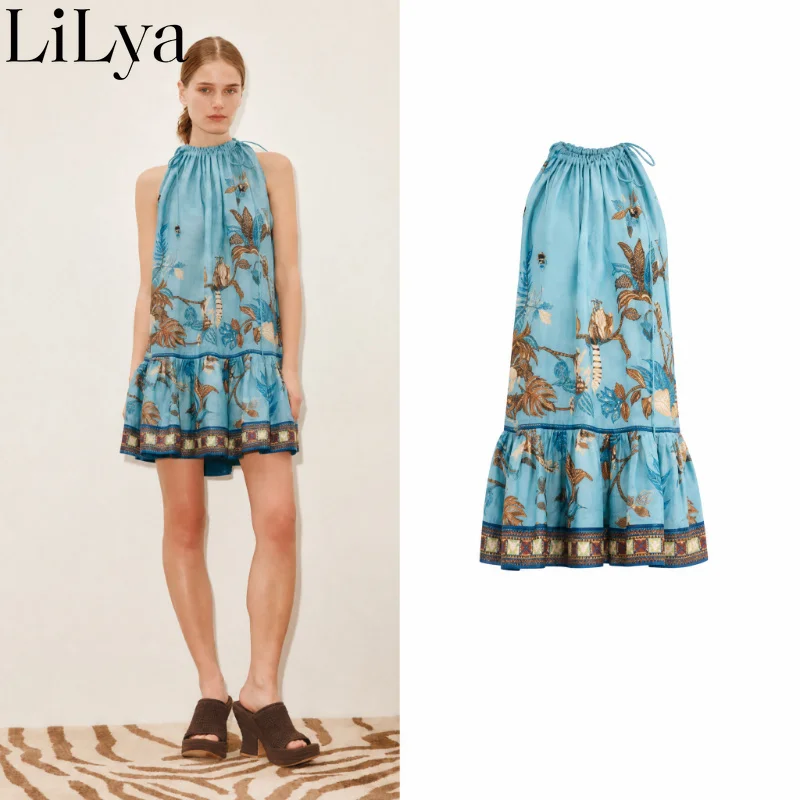 2026 New Vintage Fashionable Versatile Blue Floral Print Mini Dress Summer Halterneck Ruffle Women Casual Party Daily Dress