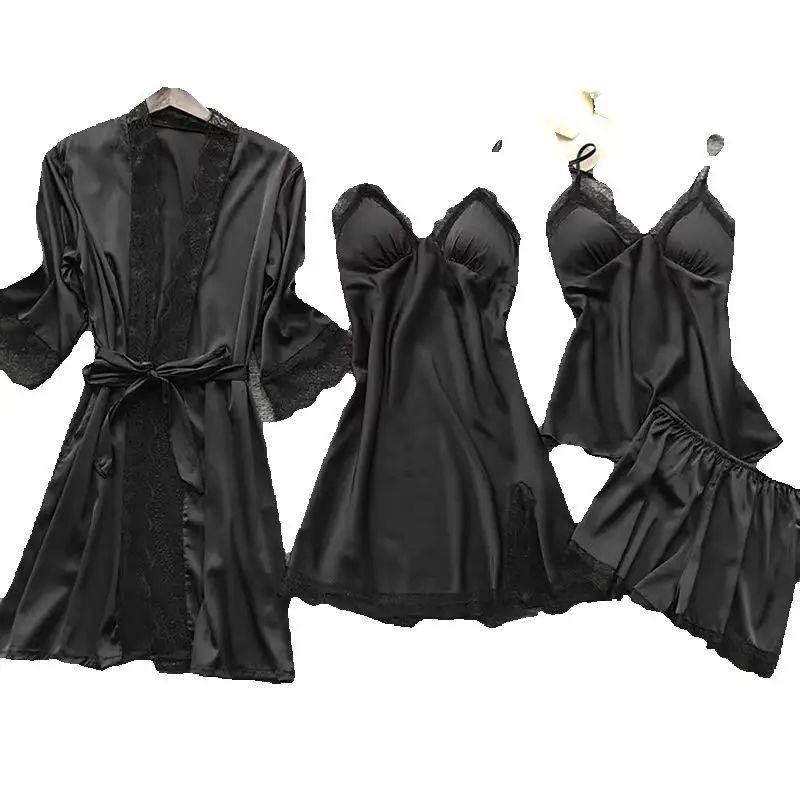 4PCS Sleepwear Pajamas Set Silk Women Nightdress Lace Dress Robe Sleep Nightwear Silk Solid Color Pijama Sets