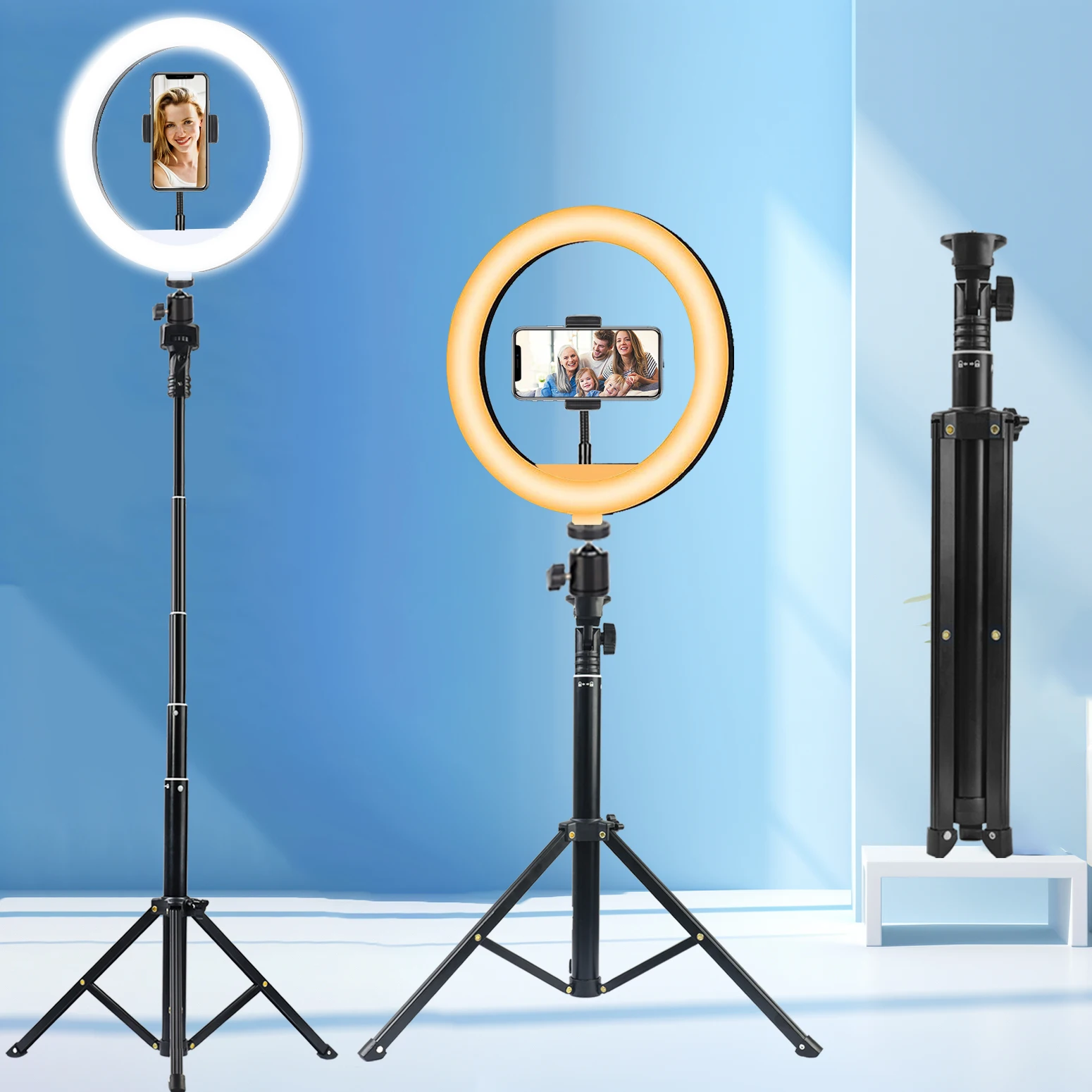 

A 10 Inch Ring Light, 3 Color Modes, 130cm Telescoping Adjustable Stand for On-Set Shooting, Fill-in Lights, Selfies, Recording