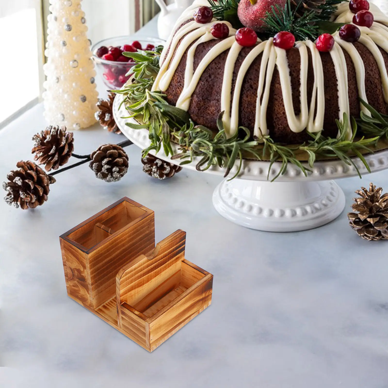 

Деревянный органайзер для столовых приборов на кухонный стол с держателем для бутылок с приправами, диспенсером для салфеток и подставкой для специй