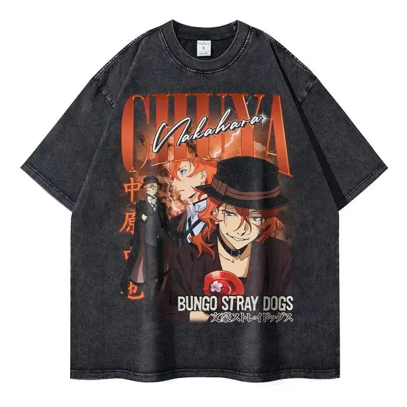 Nakahara Chuuya T-shirt Vintage Washed Anime Bungo Stray Dogs T Shirts Oversized Streetwear Dazai Osamu Atsushi Tops Tees Men